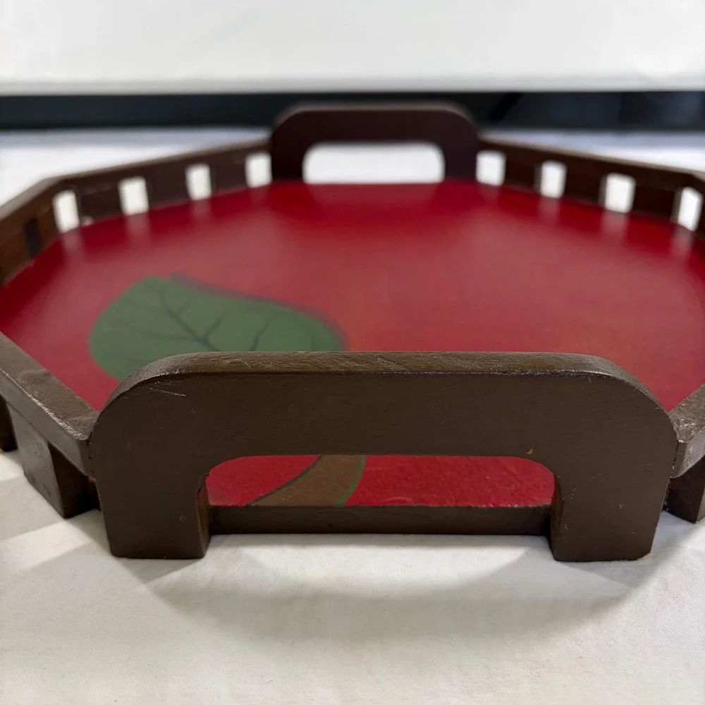 Vintage Red Apple Hand Painted Wooden Serving Tray Cottagecore Philippines Made